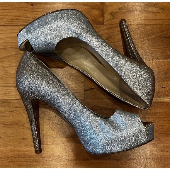 Guess Rosalie Ombre Glitter Peep Toe High Heels Size 7 Women’s Silver Gold - Picture 4 of 9